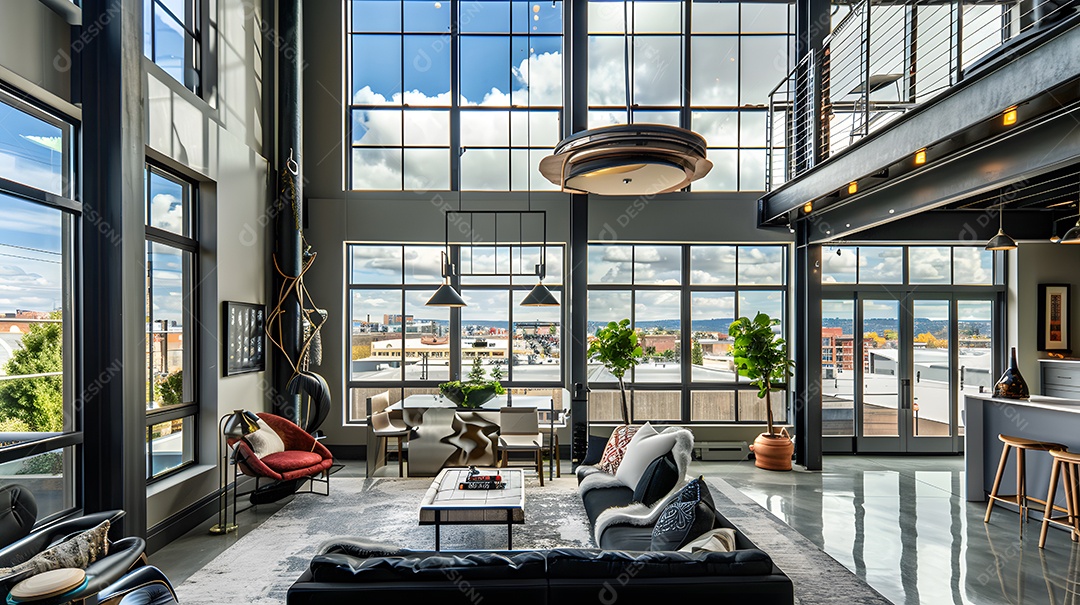 Loft urbano contemporâneo com janelas do chão ao teto e detalhes industriais