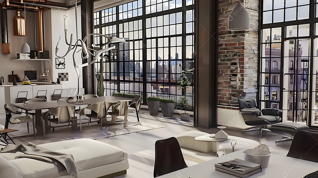 Loft urbano contemporâneo com janelas do chão ao teto e detalhes industriais