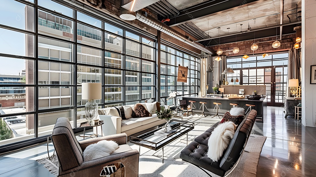 Loft urbano contemporâneo com janelas do chão ao teto e detalhes industriais