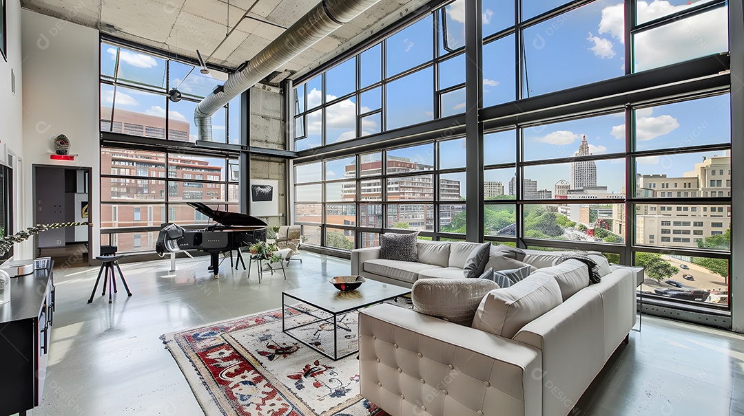 Loft urbano contemporâneo com janelas do chão ao teto e detalhes industriais