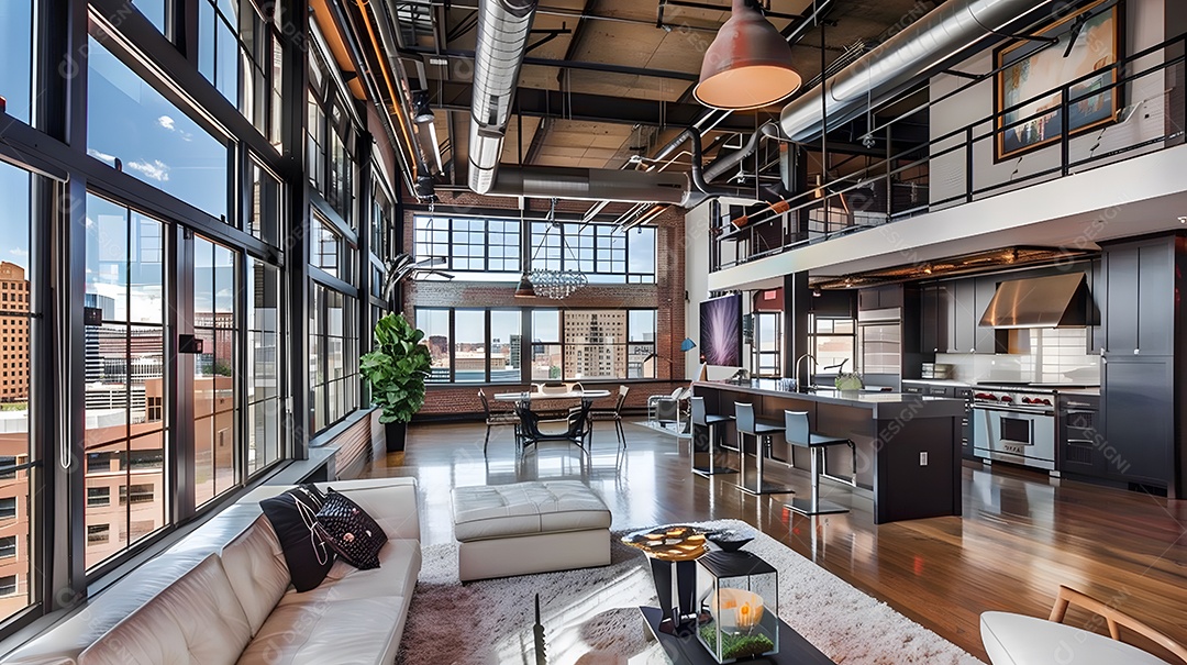 Loft urbano contemporâneo com janelas do chão ao teto e detalhes industriais
