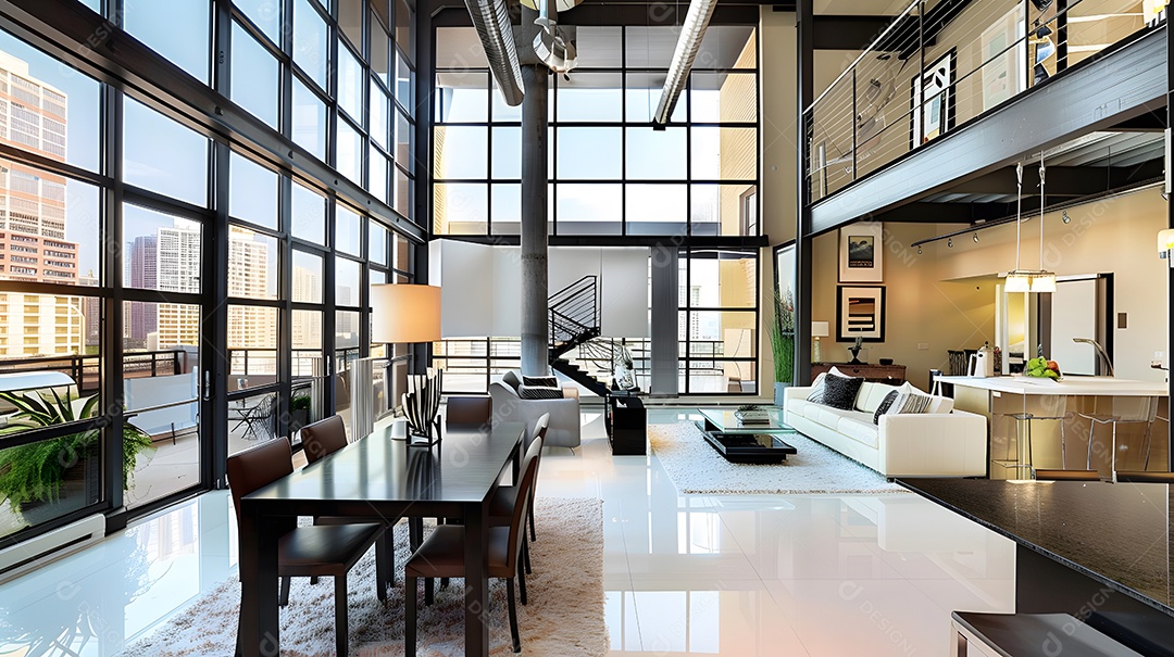 Loft urbano contemporâneo com janelas do chão ao teto e detalhes industriais