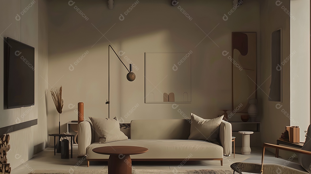 Sala de estar aconchegante e minimalista com tons neutros