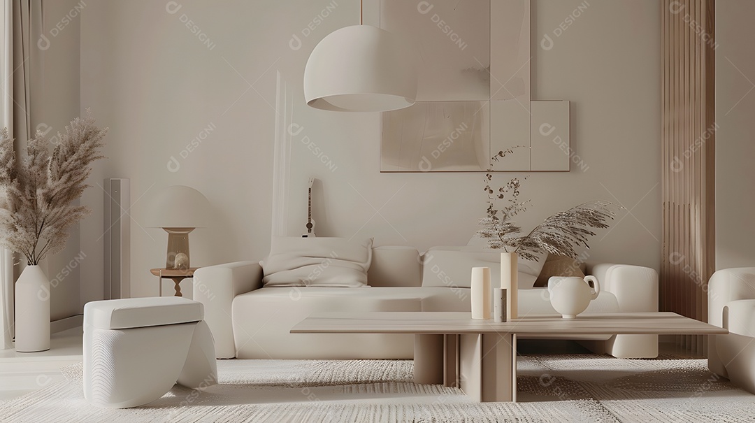 Sala de estar aconchegante e minimalista com tons neutros