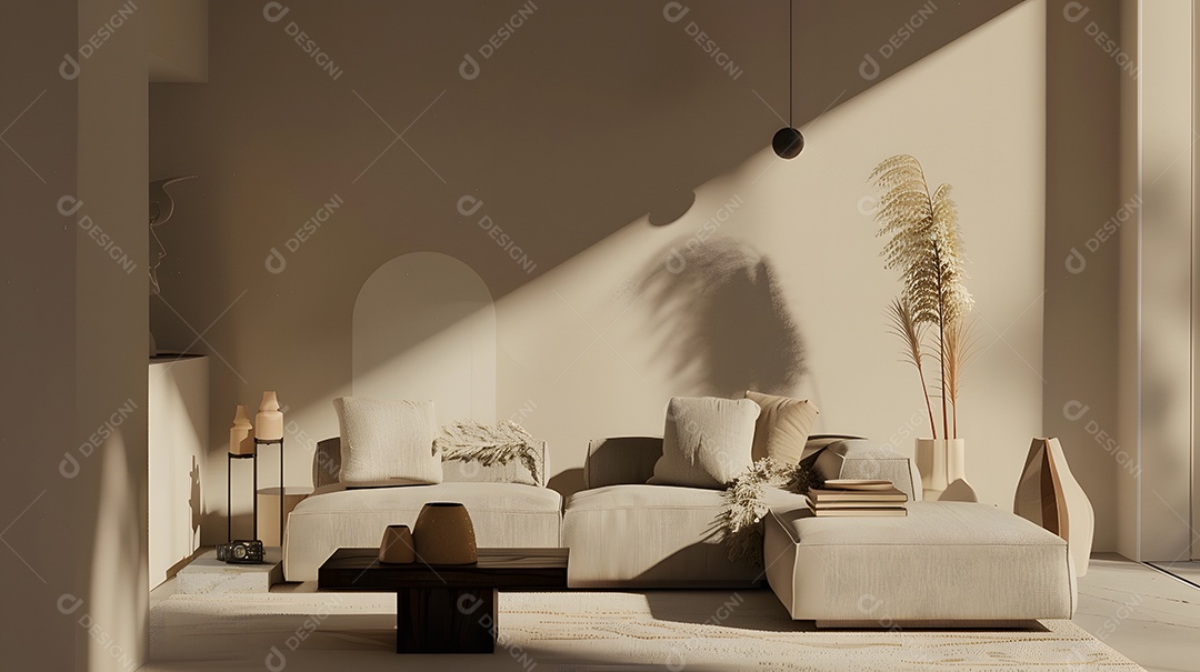 Sala de estar aconchegante e minimalista com tons neutros