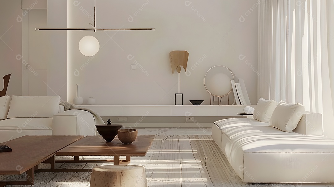 Sala de estar aconchegante e minimalista com tons neutros