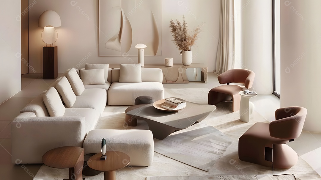 Sala de estar aconchegante e minimalista com tons neutros