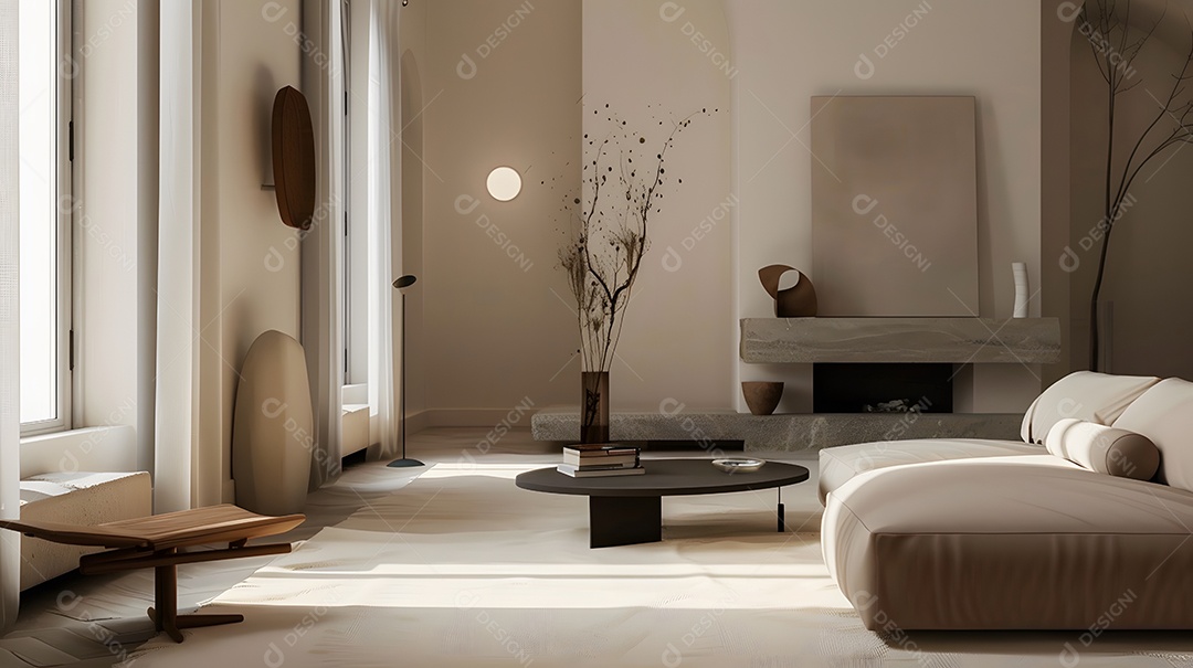 Sala de estar aconchegante e minimalista com tons neutros