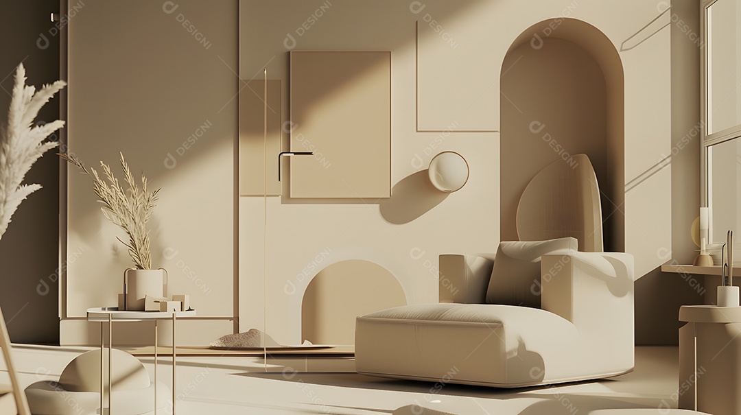 Sala de estar aconchegante e minimalista com tons neutros