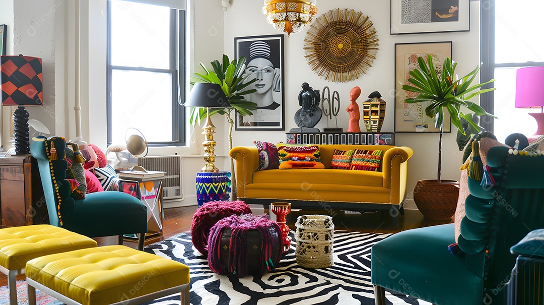 Espaço eclético com toques vibrantes de cores e peças de decoração ecléticas