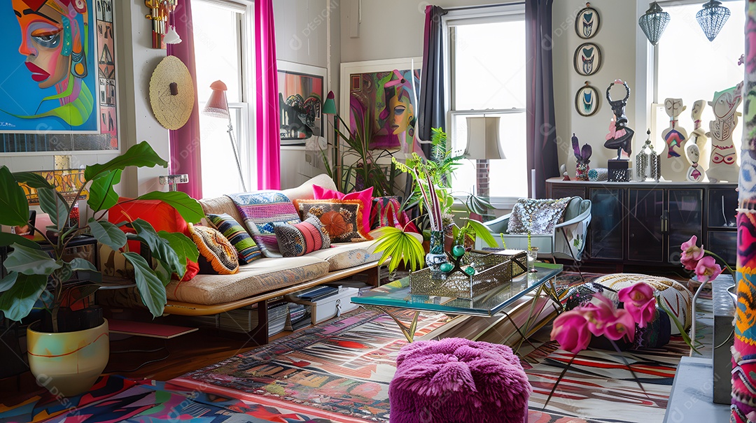 Espaço eclético com toques vibrantes de cores e peças de decoração ecléticas