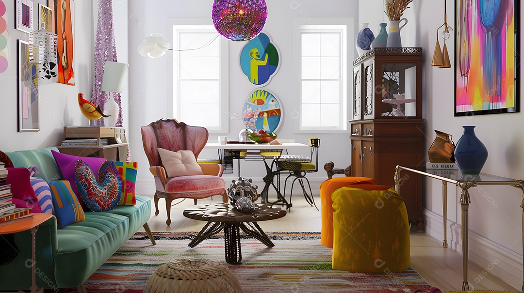 Espaço eclético com toques vibrantes de cores e peças de decoração ecléticas