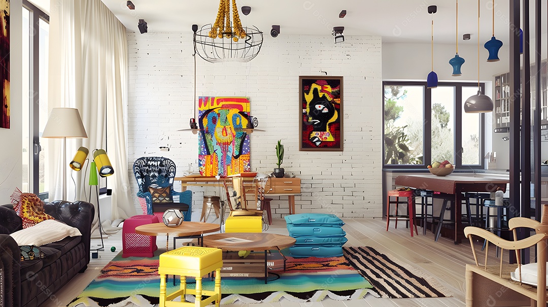 Espaço eclético com toques vibrantes de cores e peças de decoração ecléticas