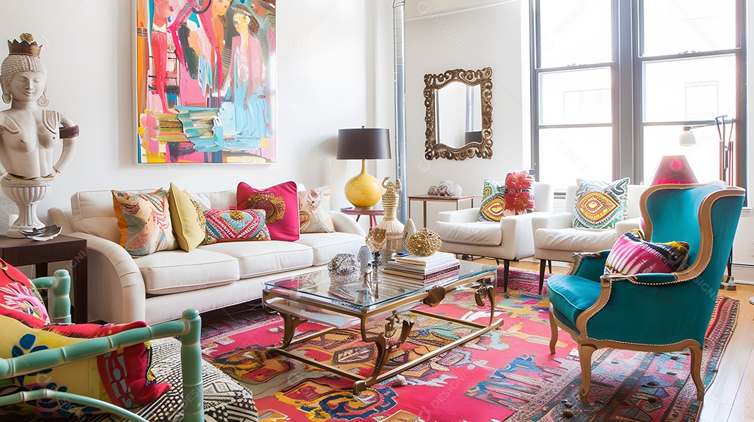 Espaço eclético com toques vibrantes de cores e peças de decoração ecléticas