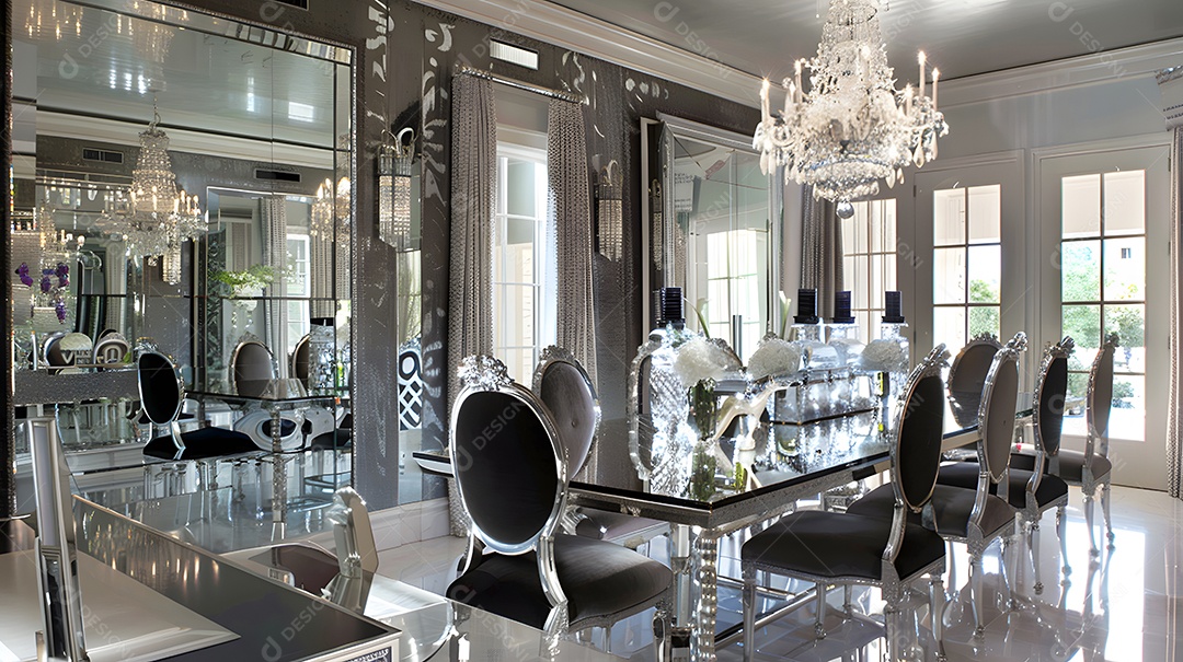 Sala de jantar glamorosa em estilo Hollywood Regency com móveis espelhados