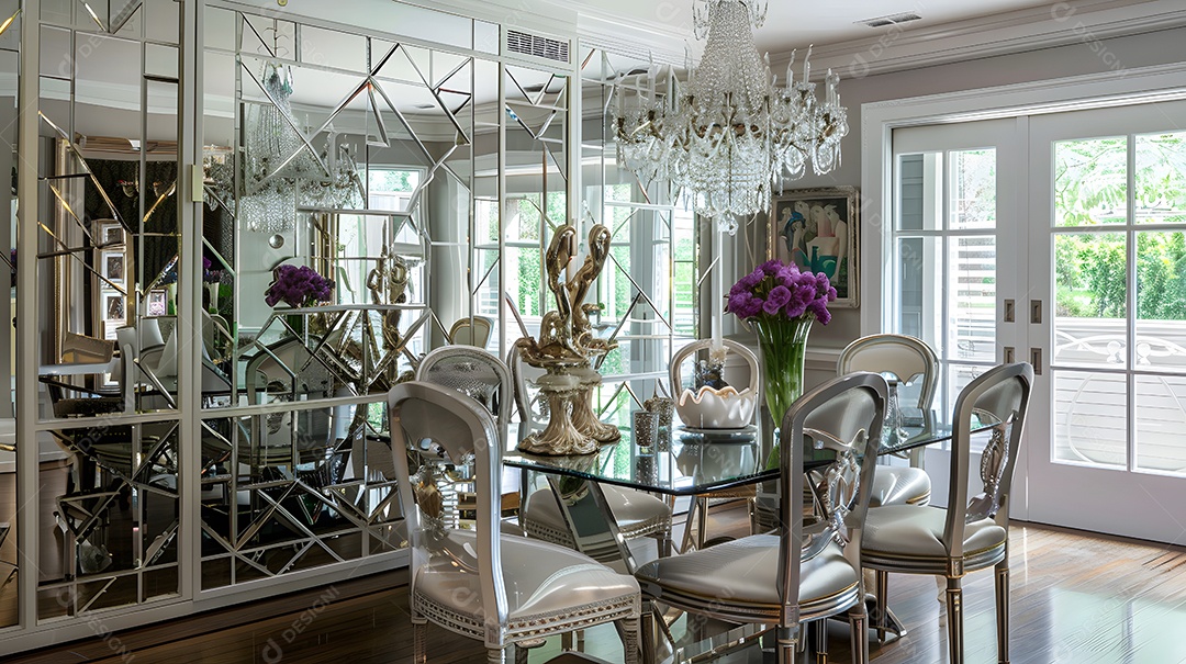 Sala de jantar glamorosa em estilo Hollywood Regency com móveis espelhados