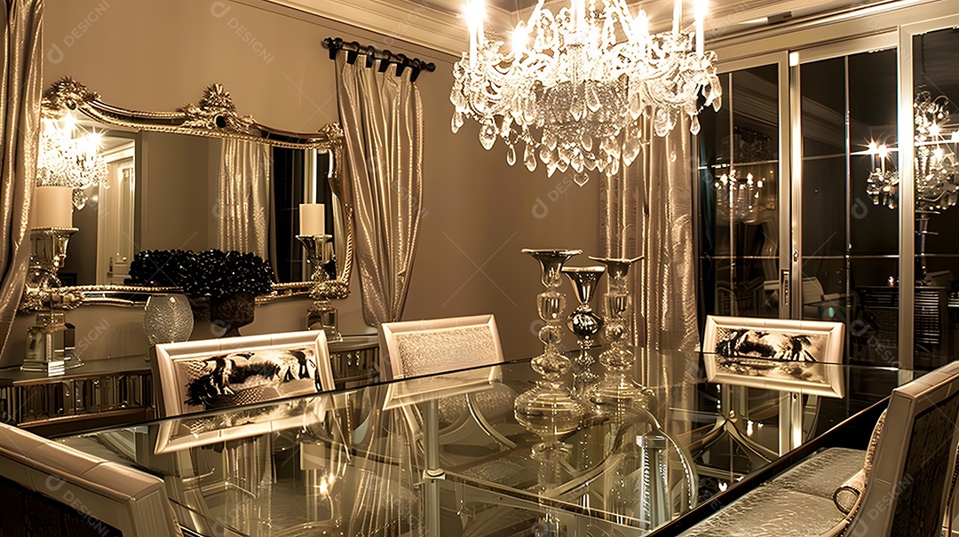 Sala de jantar glamorosa em estilo Hollywood Regency com móveis espelhados