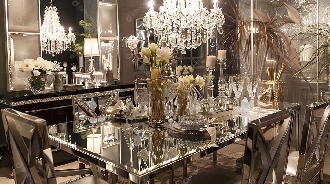 Sala de jantar glamorosa em estilo Hollywood Regency com móveis espelhados