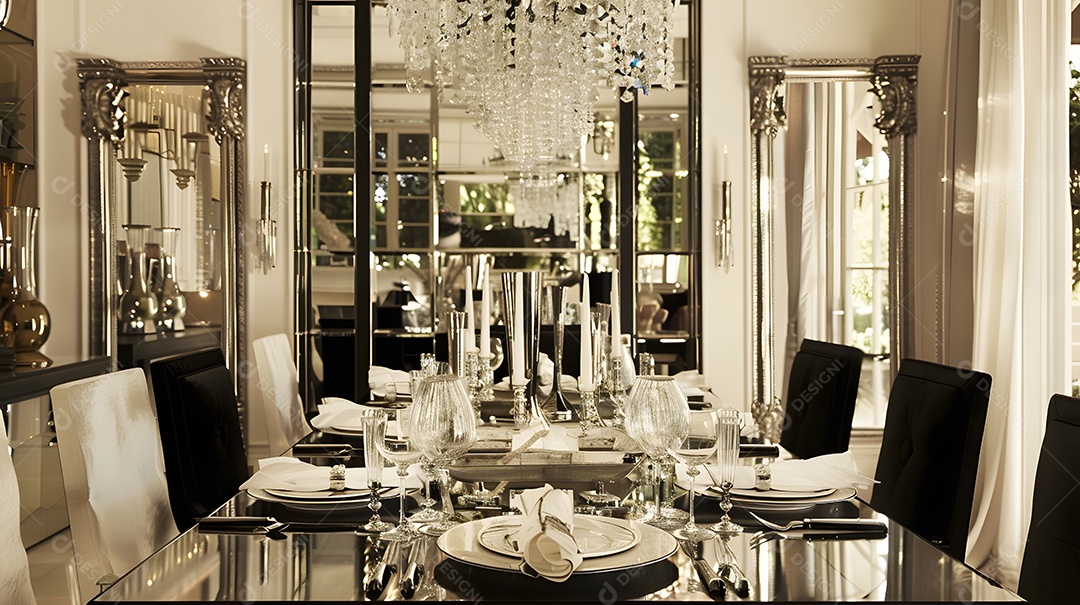 Sala de jantar glamorosa em estilo Hollywood Regency com móveis espelhados