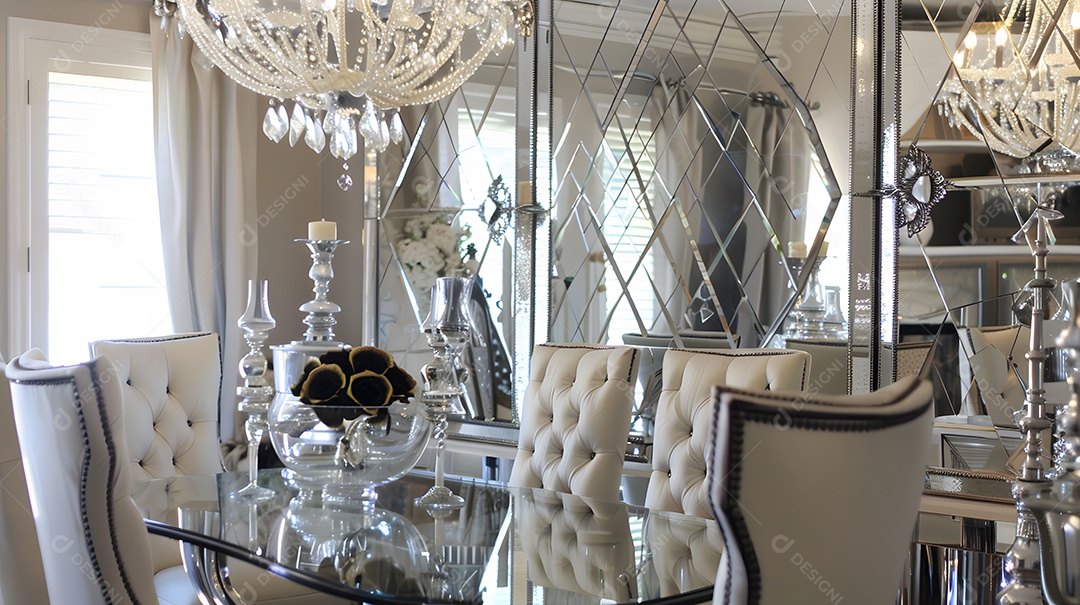 Sala de jantar glamorosa em estilo Hollywood Regency com móveis espelhados