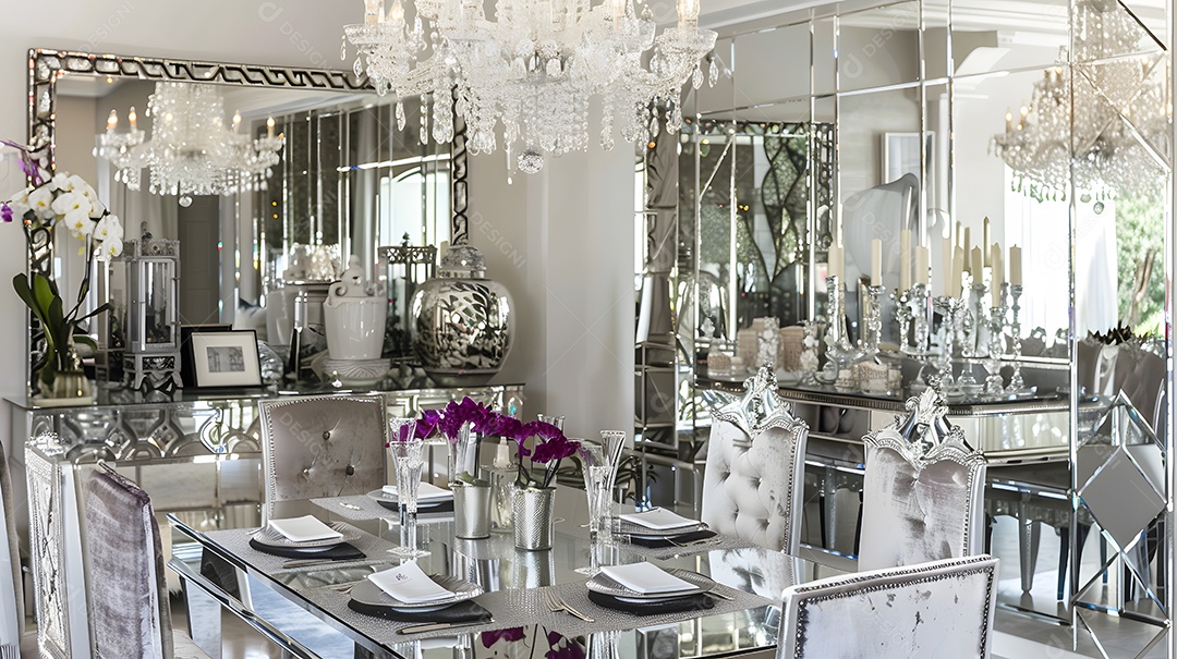 Sala de jantar glamorosa em estilo Hollywood Regency com móveis espelhados