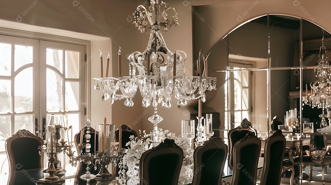 Sala de jantar glamorosa em estilo Hollywood Regency com móveis espelhados