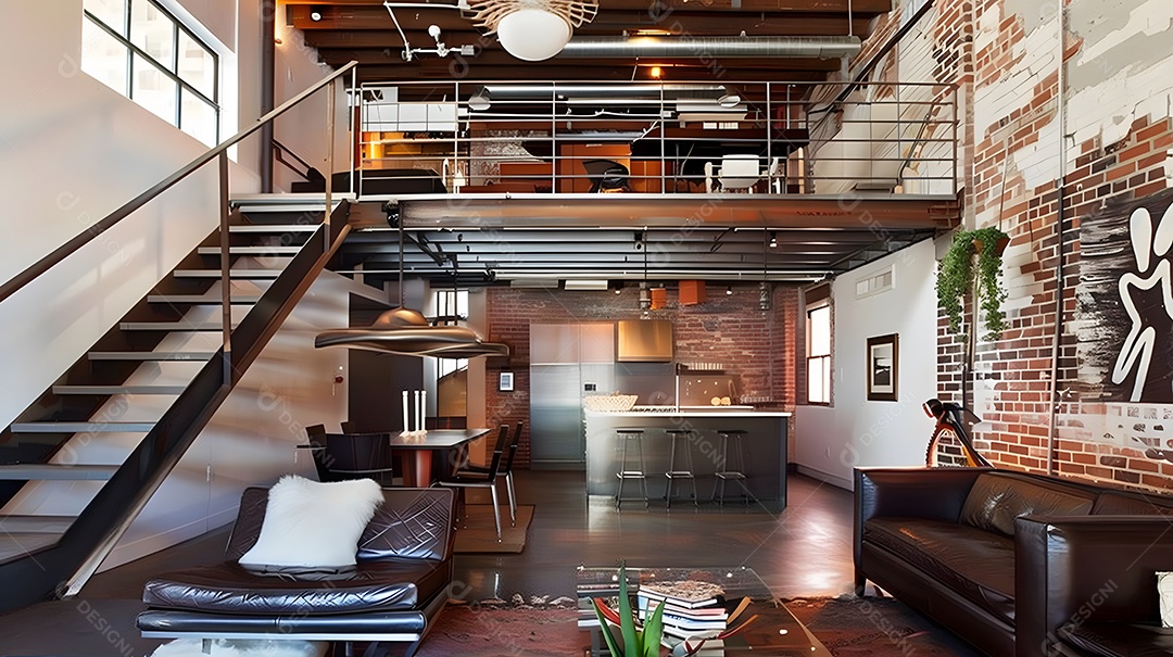 Loft industrial com paredes de tijolos aparentes e detalhes em metal