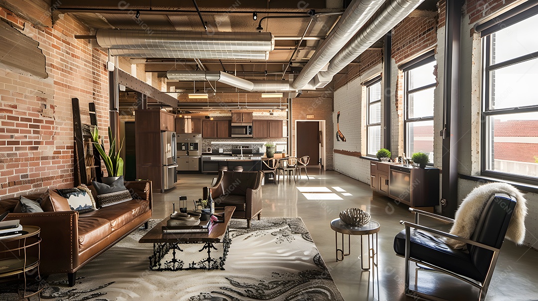 Loft industrial com paredes de tijolos aparentes e detalhes em metal