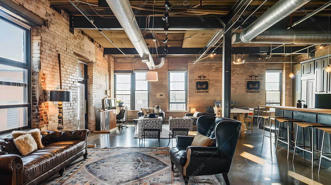 Loft industrial com paredes de tijolos aparentes e detalhes em metal