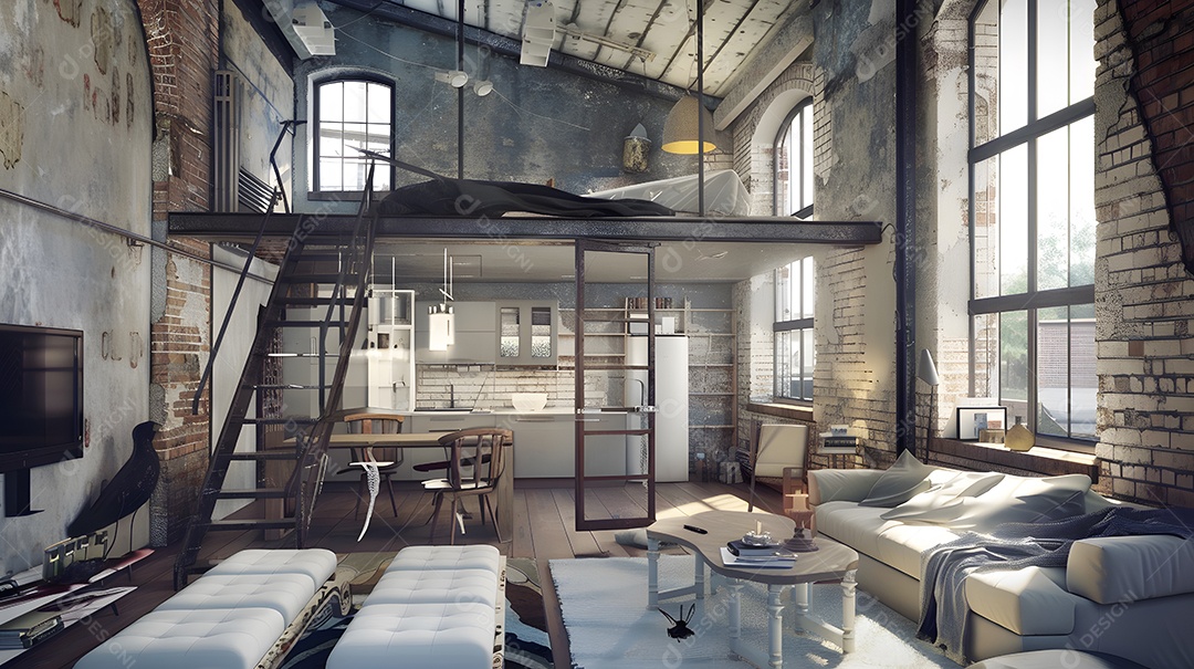 Loft industrial com paredes de tijolos aparentes e detalhes em metal