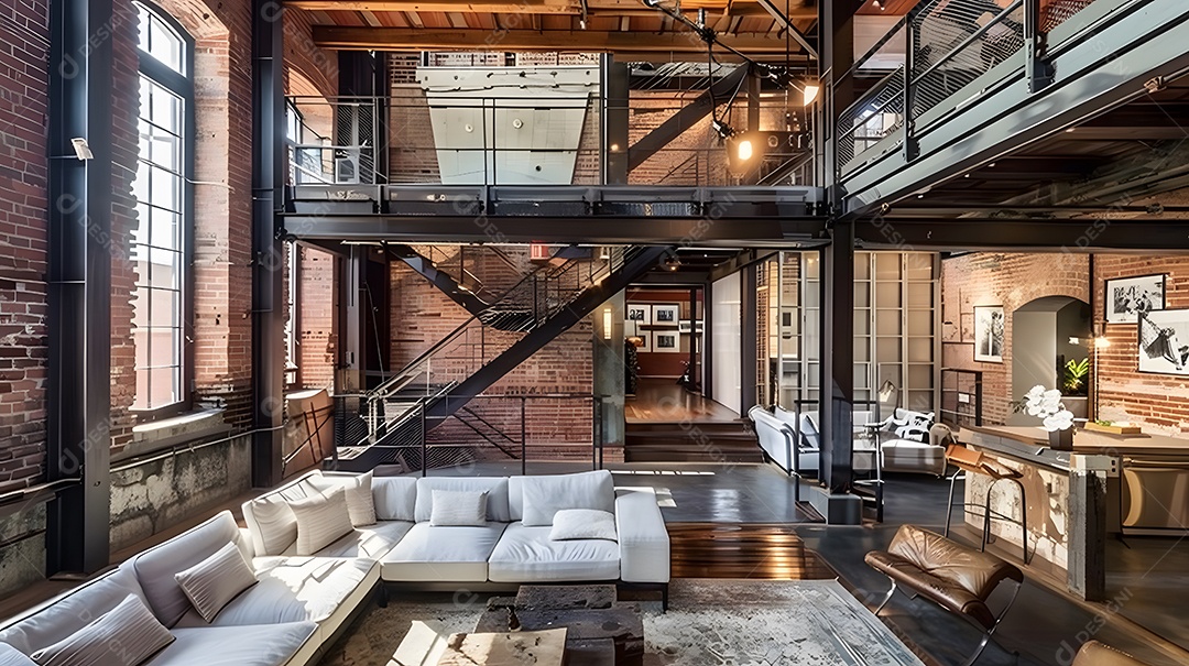 Loft industrial com paredes de tijolos aparentes e detalhes em metal