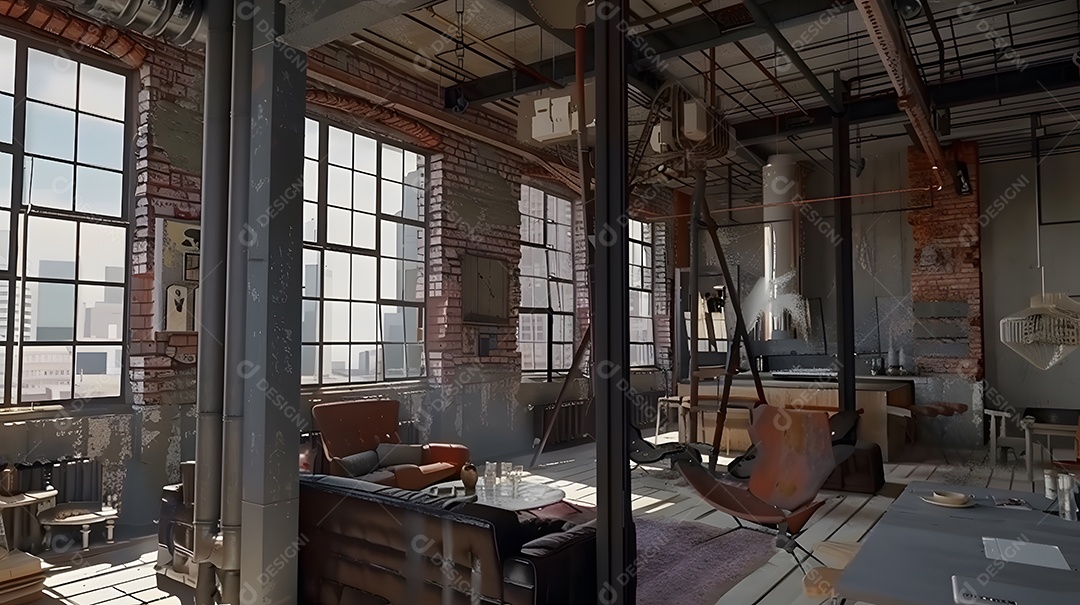 Loft industrial com paredes de tijolos aparentes e detalhes em metal