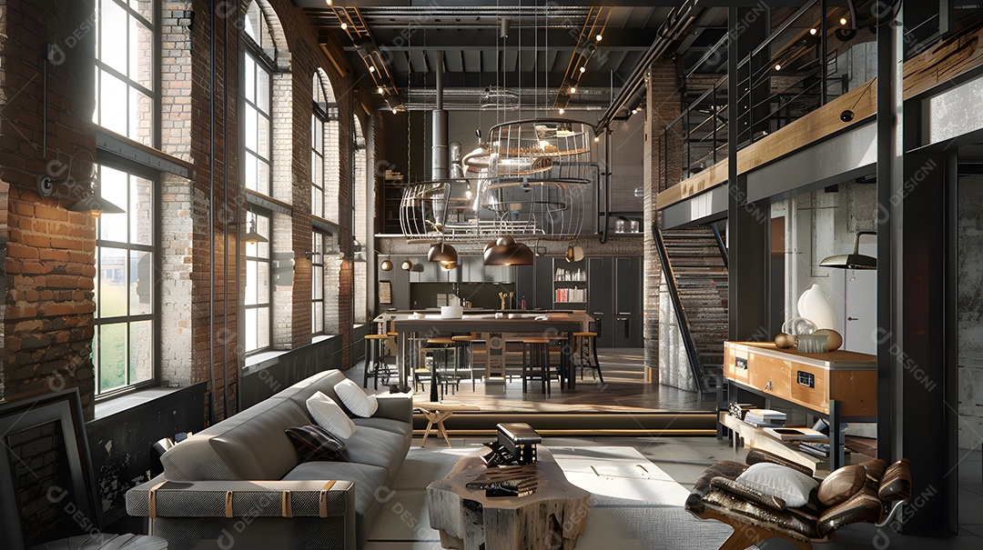 Loft industrial com paredes de tijolos aparentes e detalhes em metal