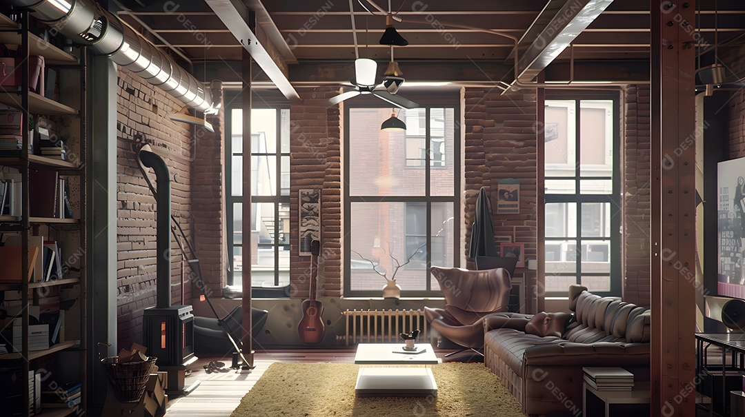 Loft industrial com paredes de tijolos aparentes e detalhes em metal