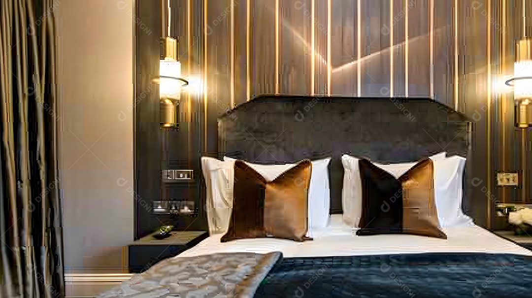 Quarto luxuoso com parede elegante e roupa de cama macia de veludo