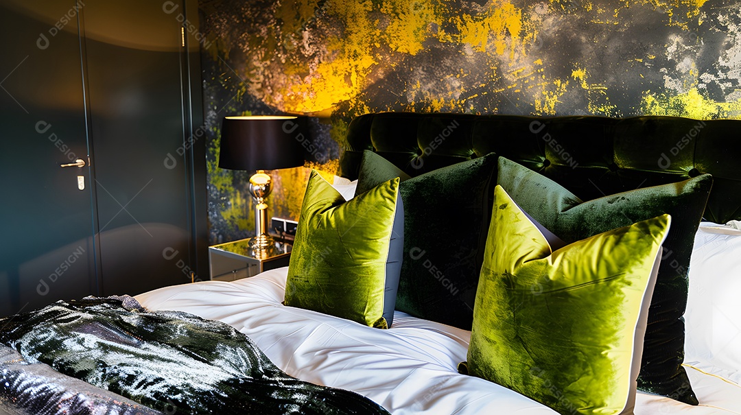 Quarto luxuoso com parede elegante e roupa de cama macia de veludo