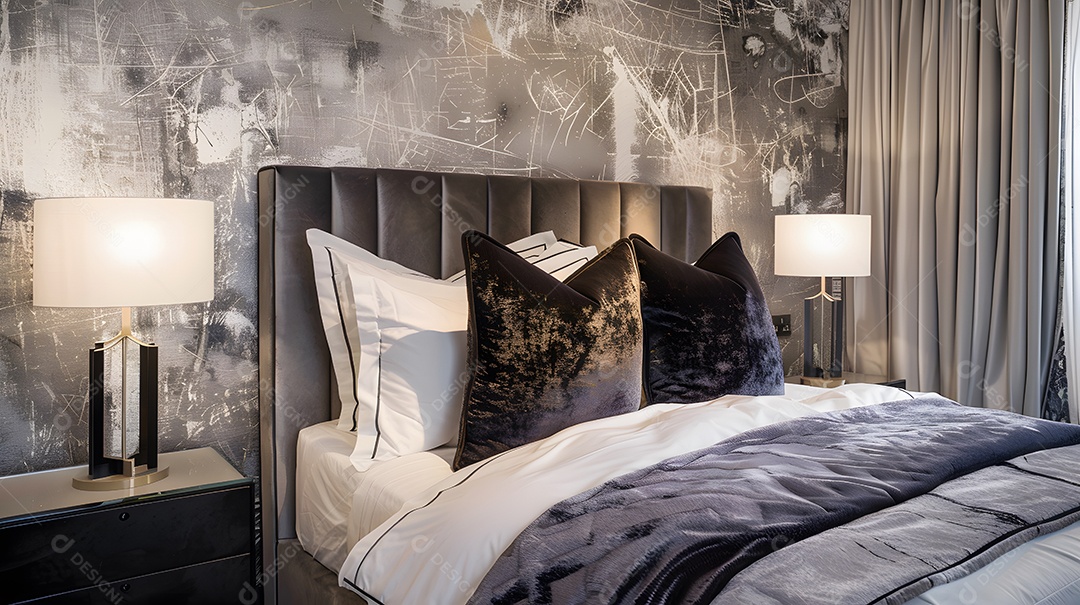 Quarto luxuoso com parede elegante e roupa de cama macia de veludo