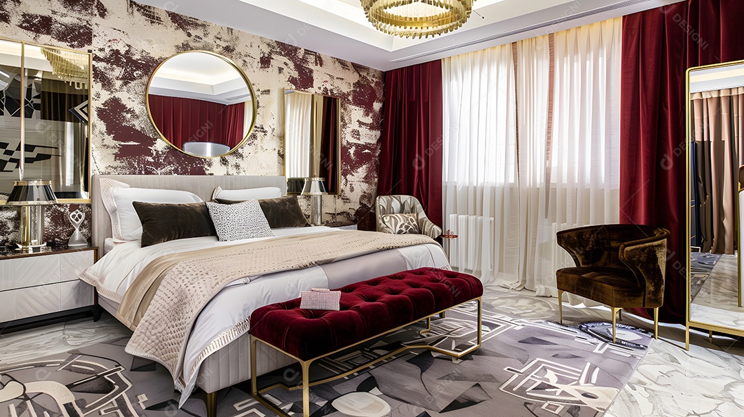 Quarto luxuoso com parede elegante e roupa de cama macia de veludo