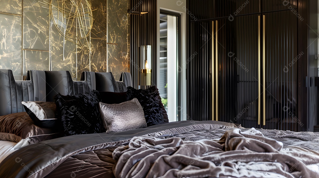 Quarto luxuoso com parede elegante e roupa de cama macia de veludo  Abrir no Google Tradutor • Feedback