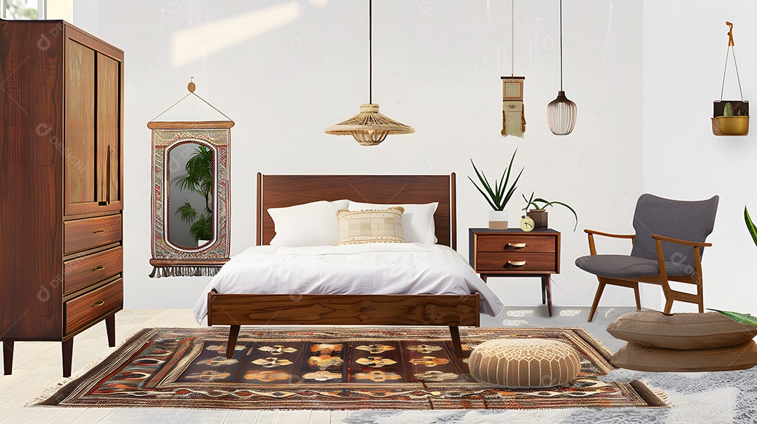 Quarto de inspiração moderna de meados do século com móveis retrô e tapete vintage