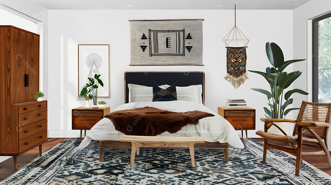 Quarto de inspiração moderna de meados do século com móveis retrô e tapete vintage