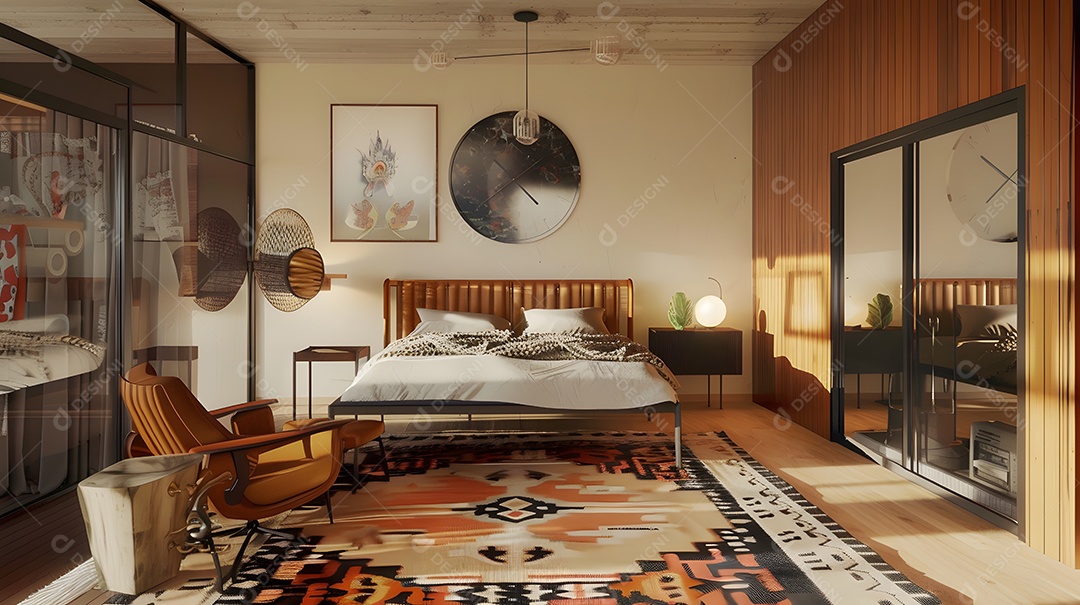 Quarto de inspiração moderna de meados do século com móveis retrô e tapete vintage