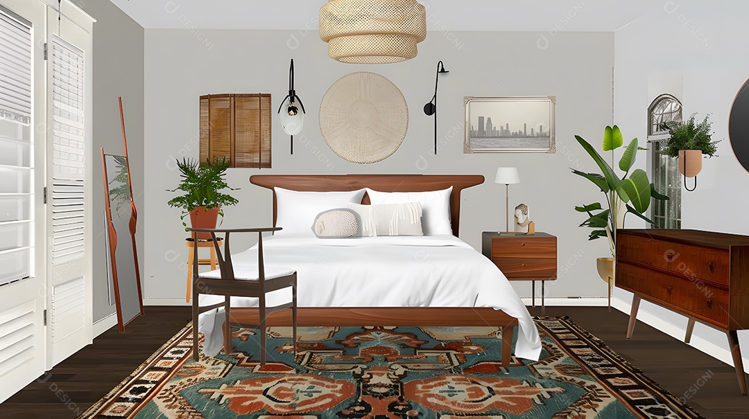 Quarto de inspiração moderna de meados do século com móveis retrô e tapete vintage