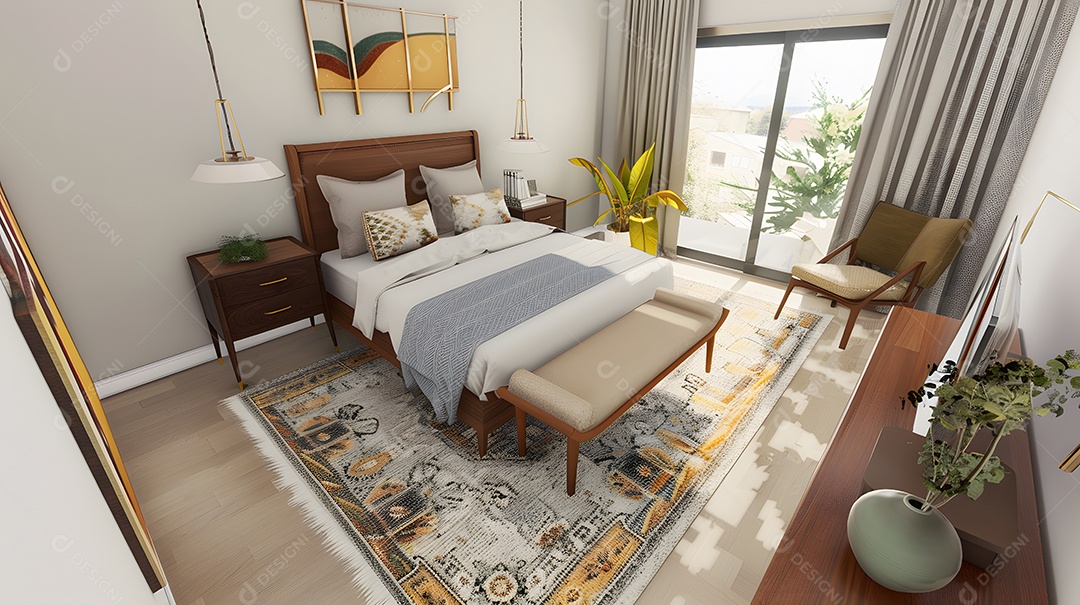 Quarto de inspiração moderna de meados do século com móveis retrô e tapete vintage