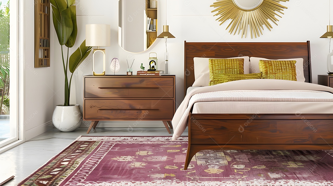 Quarto de inspiração moderna de meados do século com móveis retrô e tapete vintage