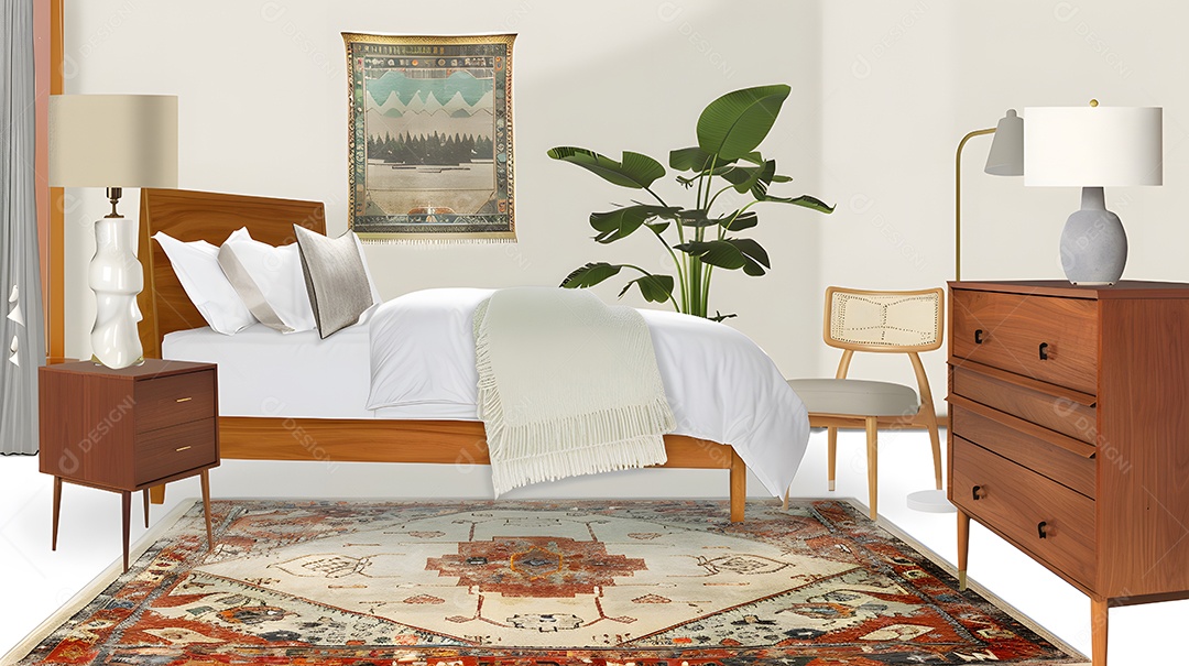 Quarto de inspiração moderna de meados do século com móveis retrô e tapete vintage