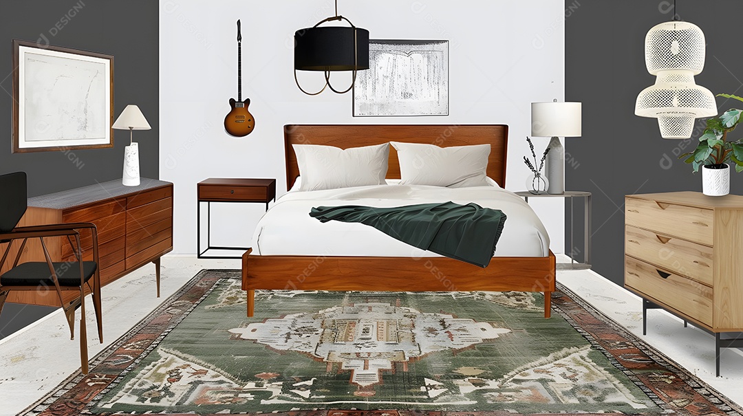 Quarto de inspiração moderna de meados do século com móveis retrô e tapete vintage