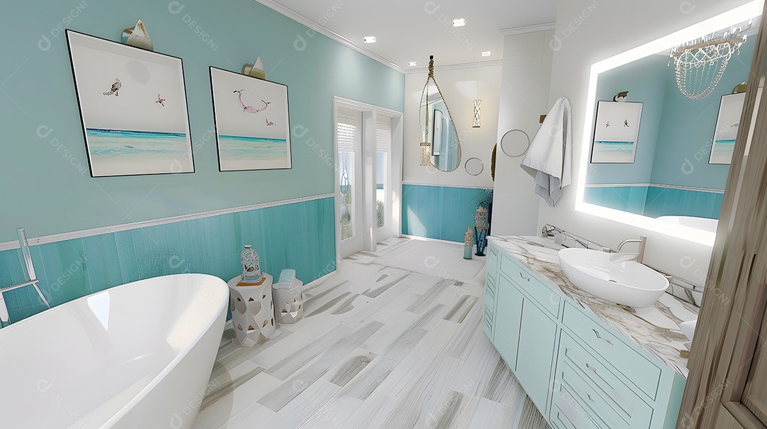 Banheiro moderno com tema costeiro