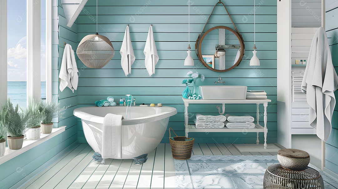 Banheiro moderno com tema costeiro decoração praiana