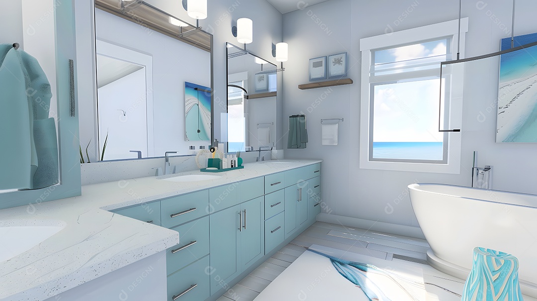 Banheiro moderno com tema costeiro, cores inspiradas no mar e decoração praiana